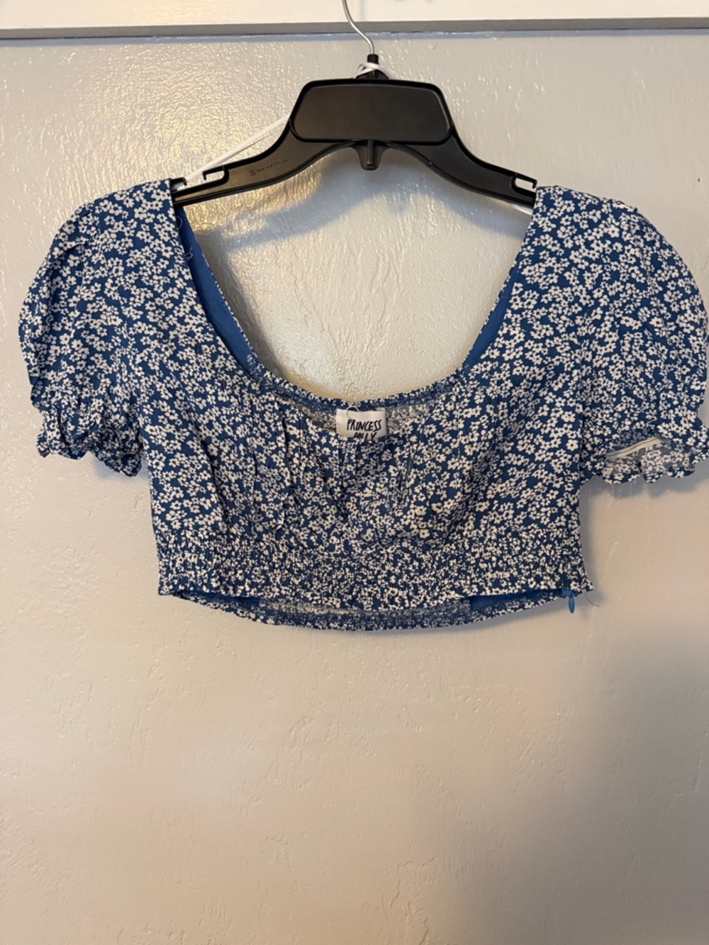 Princess Polly Blue White Daisy Floral Puff-Sleeve Crop Top